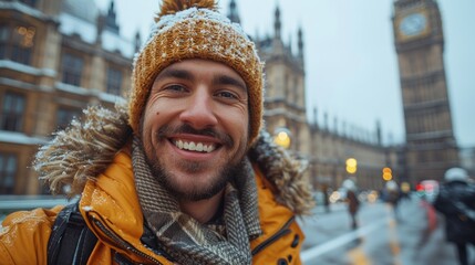 A smiling man wearing a winter jacket takes a selfie at a famous London landmark during snowy...