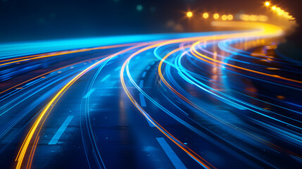 Abstract road with blue light trails , data transfer speed and digitization concept