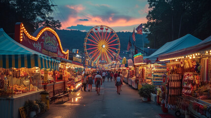 A vibrant carnival with bustling stalls and a lit ferris wheel creates an atmosphere of fun and excitement under the evening sky