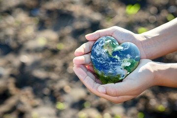 hand holding a heart shaped earth icon. concept caring for the planet. generative ai