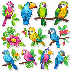 Obraz premium a Set Cute parrot on a White Canvas Sticker,vector image
