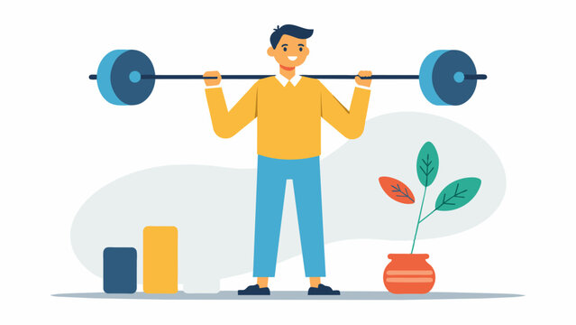 He sets small achievable goals each week such as increasing the weight he can lift or decreasing his rest time between sets.. Vector illustration