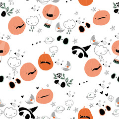 Vector Seamless Pattern with Cute Skeletons and Pumpkins