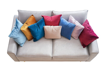 Top view of beige tufted sofa with pillows top view transparent background