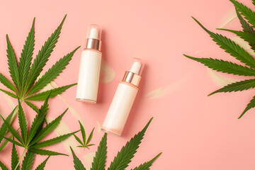 Hemp-infused cosmetics on a pastel pink background with copy space