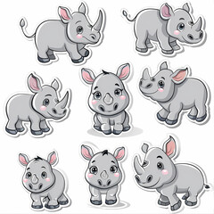 a Set Cute Rhino on a White Canvas Sticker,vector image