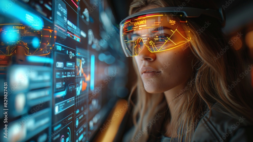 Poster an unrecognizable person engages with futuristic digital screens and interfaces with touch gestures