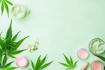 Hemp-infused cosmetics on a pastel green background with copy space