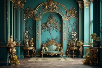 Fototapeta premium Grand Living Room Interior with Green Furnishings and Gold Accents