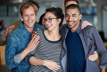 Copywriter, portrait and laughing with business people funny together in creative office at work. Collaboration, happy and friends for men, woman or startup group joking and working as team support