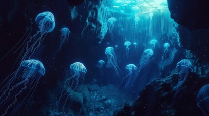 Fototapeta premium A surreal scene of glowing jellyfish drifting through a phosphorescent underwater generated by AI
