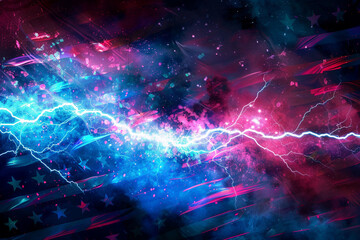 Ruby and cyan bolts in an explosive design with a flag-inspired background.