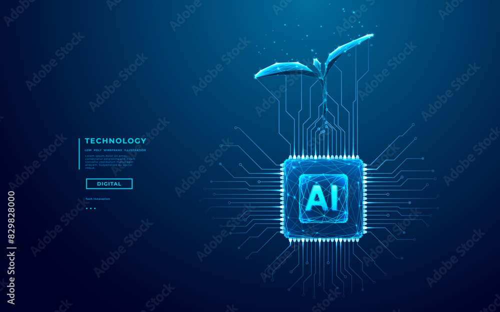 Aufkleber Sprouting Plant and AI chip in blue. Artificial Intelligence evolution concept. Abstract digital technology background. Data digital tree and circuit board. Low poly wireframe Vector illustration. 