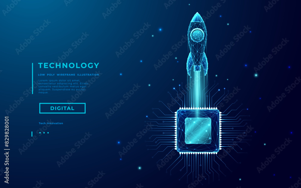 Poster Abstract digital rocket, light CPU processor on technology blue background. Semiconductor or microchip and launch spaceship. Technology innovation in electronics. Wireframe Tech bg vector illustration