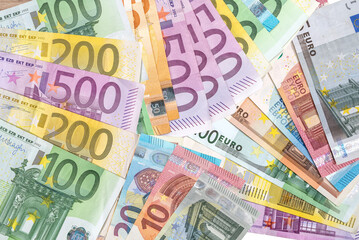 Pile of 500, 200 100, 50 20 EU euro paper banknote. Economics and finance
