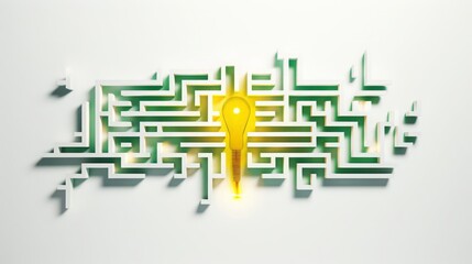 a maze with a light bulb at the end, colored in green and yellow on a simple white background Include a secondary element of an arrow pointing the way The image should convey finding solutions, with s