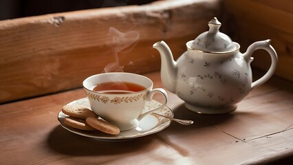 Fototapeta premium A warm and cozy scene of a wooden table adorned with a beautiful teapot, a steaming cup of tea, and a plate of delicious cookies.