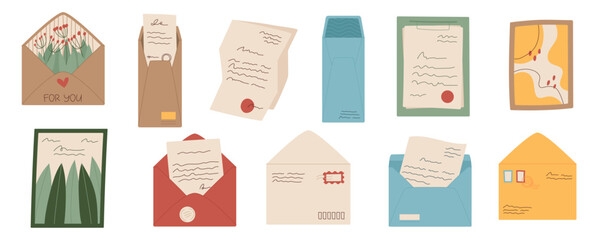 Flat handmade letters and postcards set, cartoon greeting postcard and open handwritten invitation letter with sheet of craft paper, trendy hand written post card design for postcrossing.