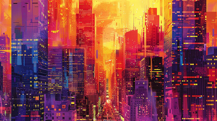 Bustling Cityscape at Sunset, with Buildings Painted in Vibrant, Bright Colors. Adorned in Rich Tones of Orange, Red, and Purple, Reflecting the Golden Glow of the Setting Sun