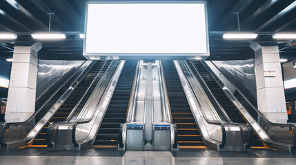 Bright white billboard above a reflective escalator in a contemporary subway station with high ceilings