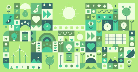 Green energy, World Environment Day, abstract geometric background. Rounded, circle, fruit, energy, battery, square, and flower shapes. Colorful vector illustration. Seamless pattern background.