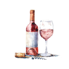 The watercolor art a bottle and glass of wine. Ai illustration.