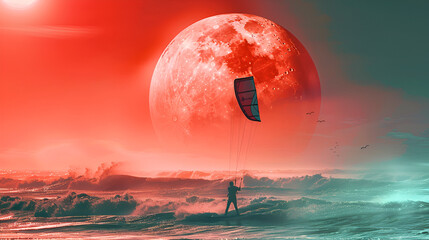 a man scating in ocean silhouette water mysterious journey exploration red scene and red moon on a background