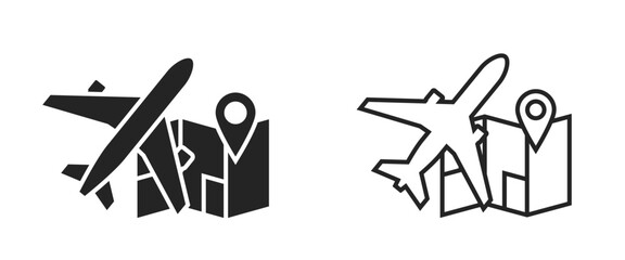 air travel flat and line icons. plane and map. destination, vacation and journey symbols. isolated vector images for tourism design