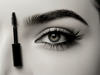 Tiny Mascara on the background of woman's face. Beautiful eye and brow with make up.