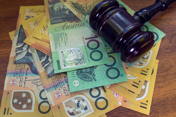 justice gavel with australian aud money. Juridical concept