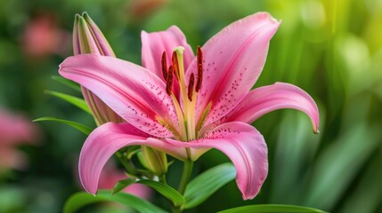 Fototapeta premium Blooming Pink Asiatic Lily Flower with Anthers