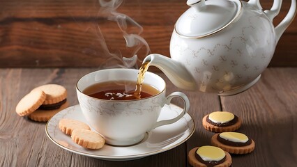 A warm and cozy scene of a wooden table adorned with a beautiful teapot, a steaming cup of tea, and a plate of delicious cookies.