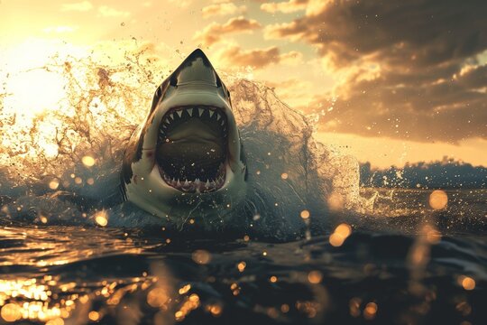 Great white shark emerges from the ocean, ready to strike its prey, AI-generated.