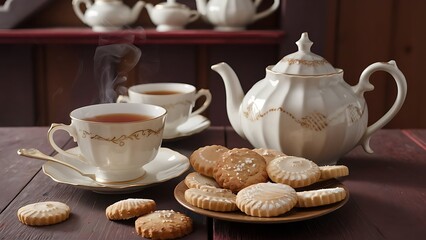 A warm and cozy scene of a wooden table adorned with a beautiful teapot, a steaming cup of tea, and a plate of delicious cookies.