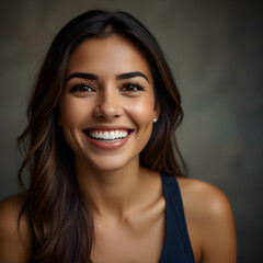 a Hispanic woman. Her dazzling white teeth shine through a radiant smile, set against a subtly blurred background