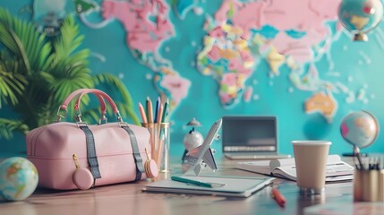 A pink travel bag on a desk with a world map as a backdrop, the concept of planning study and travel, a colorful and organized workspace, preparing for adventure.