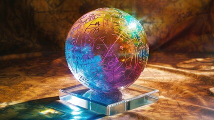 Fortune Teller's Stone, Ancient mystical sphere, rainbow color, with enigmatic symbols and magic symbols and zodiac symbol,