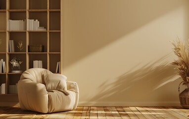 Beige living room interior mockup with wooden floor, armchair and bookcase against beige wall