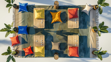 An overhead view of a professional cornhole game setup with branded boards and bean bags, isolated on a white background, perfect for product advertisements and marketing materials