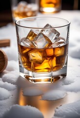 close-up of whiskey glass with ice on snow, ad shot.
