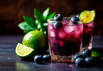 Refreshing beverage, garnished with a lime slices and blueberries. The cocktail is in a glass, filled with ice cubes, and accompanied by whole lime and blueberries on a dark surface.