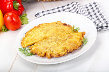 Homemade fried cheburek with meat