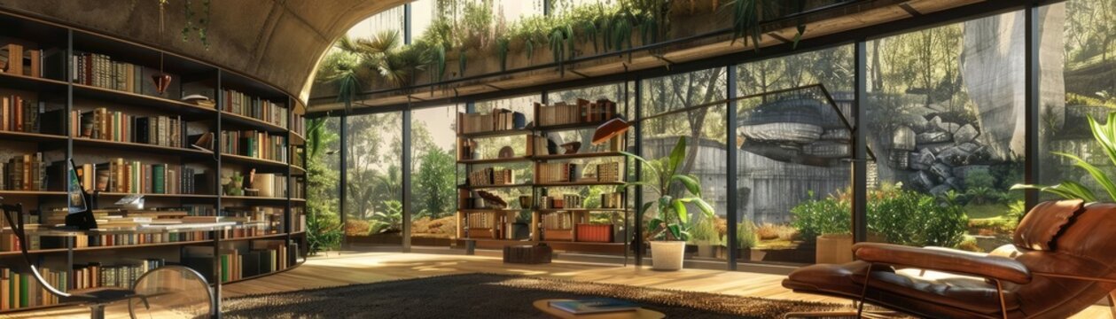 Modern cozy home library with large windows, surrounded by lush greenery, abundant natural light, book shelves, and comfortable seating.