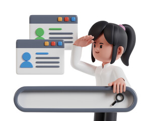 Recruitment concept 3D illustration, a female HR manager is looking for employees for a start up business