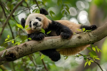 Panda perched on a tree branch, munching on leaves, AI-generated.
