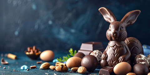 chocolate easter eggs ,bunny and sweets on dark blue