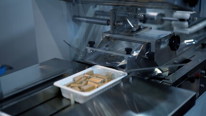 Plastic wrapping machine on production line. Media. Packing waffles at factory.