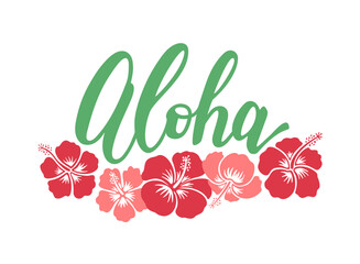 Hawaiian print with hibiscus and aloha lettering. Tropical flowers bloom hibiscus t-shirt design. Summer blossom retro textile print vector illustration.