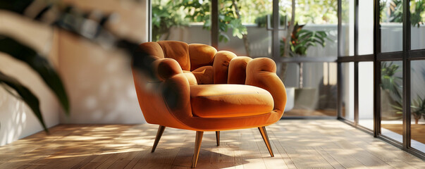 Stylish orange velvet armchair in a minimalist reading nook with natural light and wooden floors, enhancing comfort and elegance