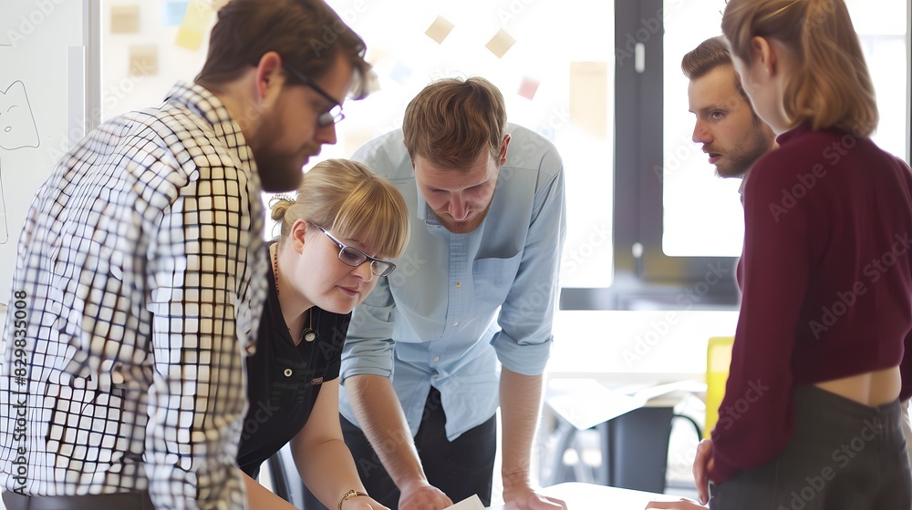 Poster a group of colleagues collaborates on a project around a table in a modern office setting, fostering